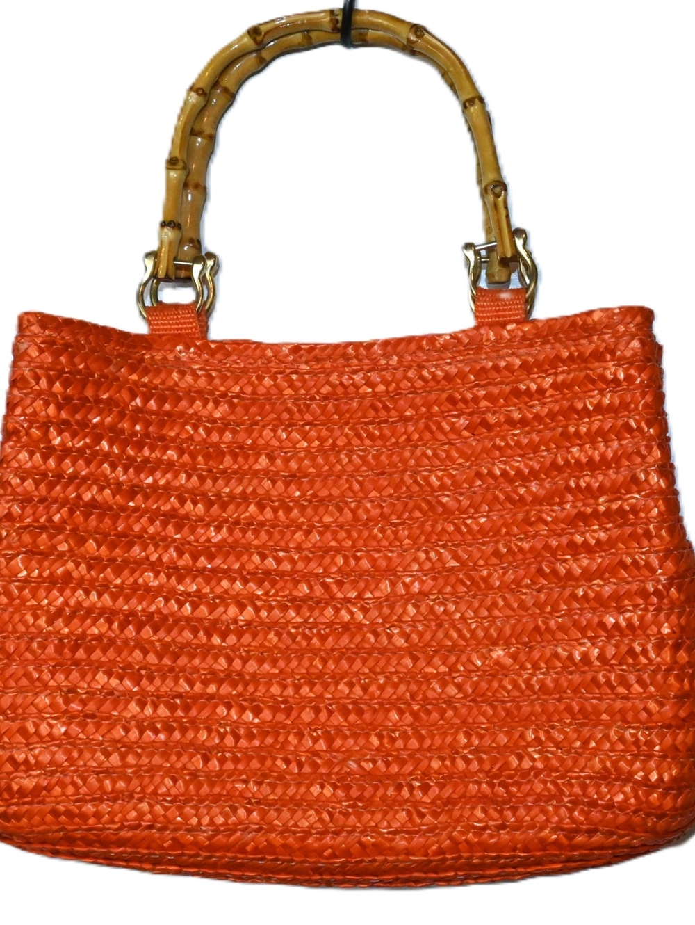100%% Wheat-Straw Bamboo Handled Small/Medium Summer Handbag Vibrant Orange